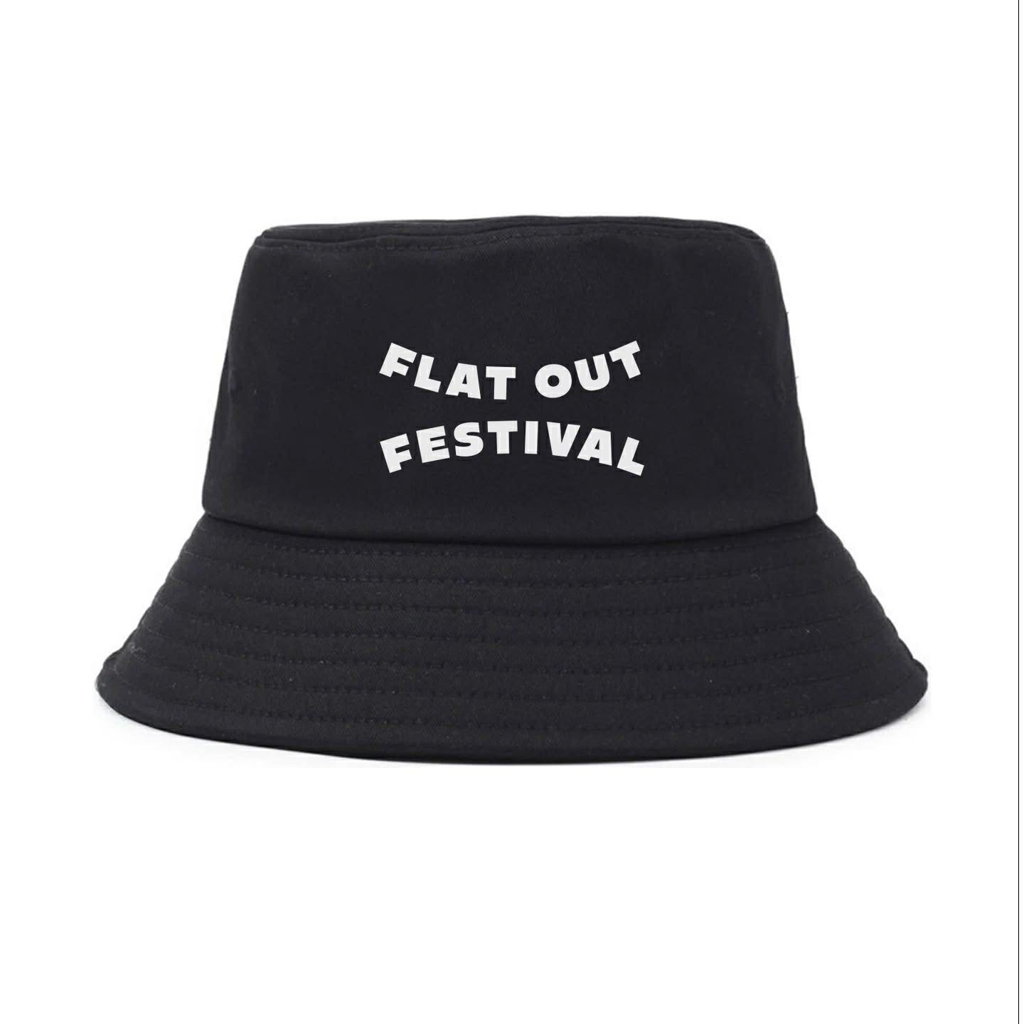 Flat Out Festival 2026 black bucket hat with white print