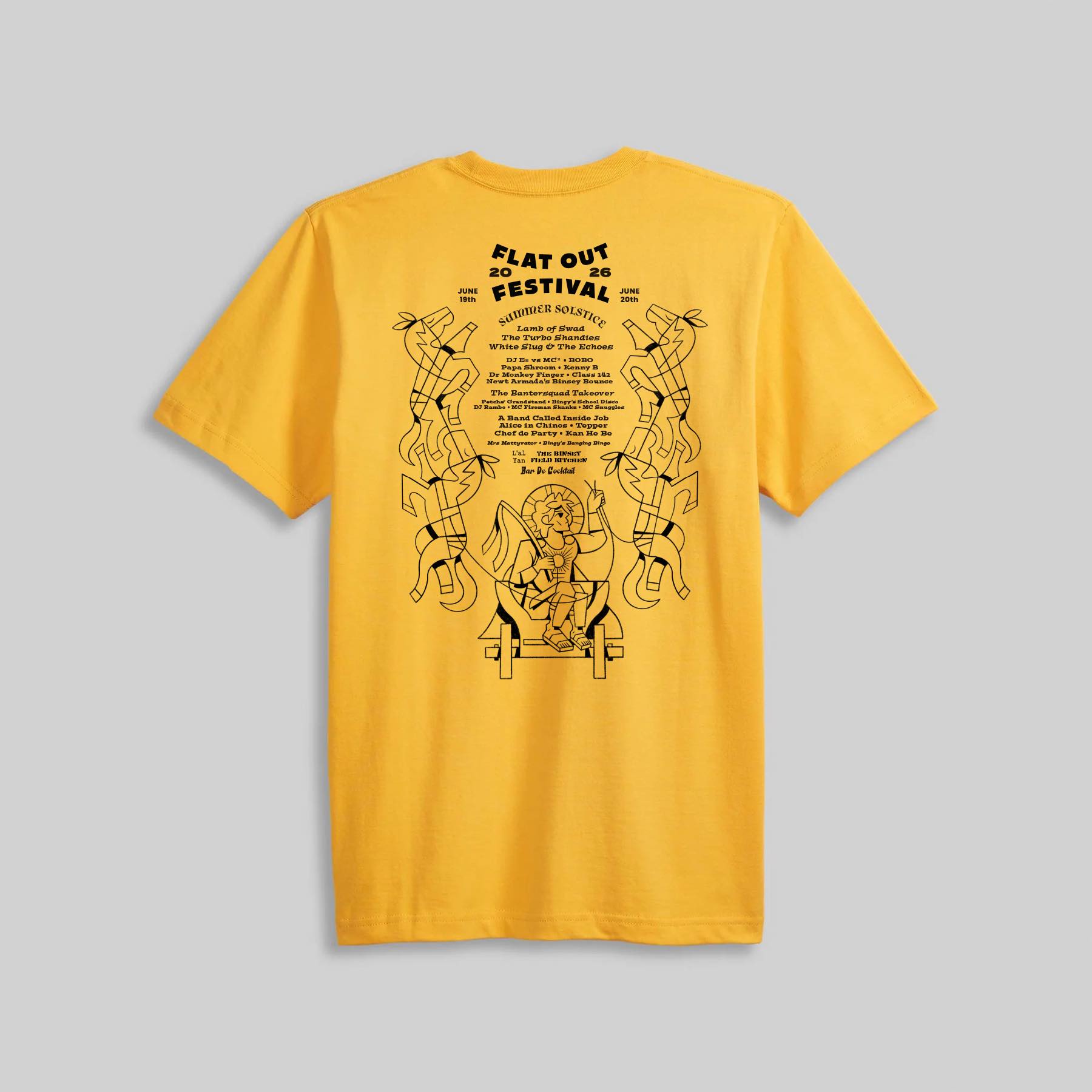 Flat Out Tee — Yellow, back print with full lineup